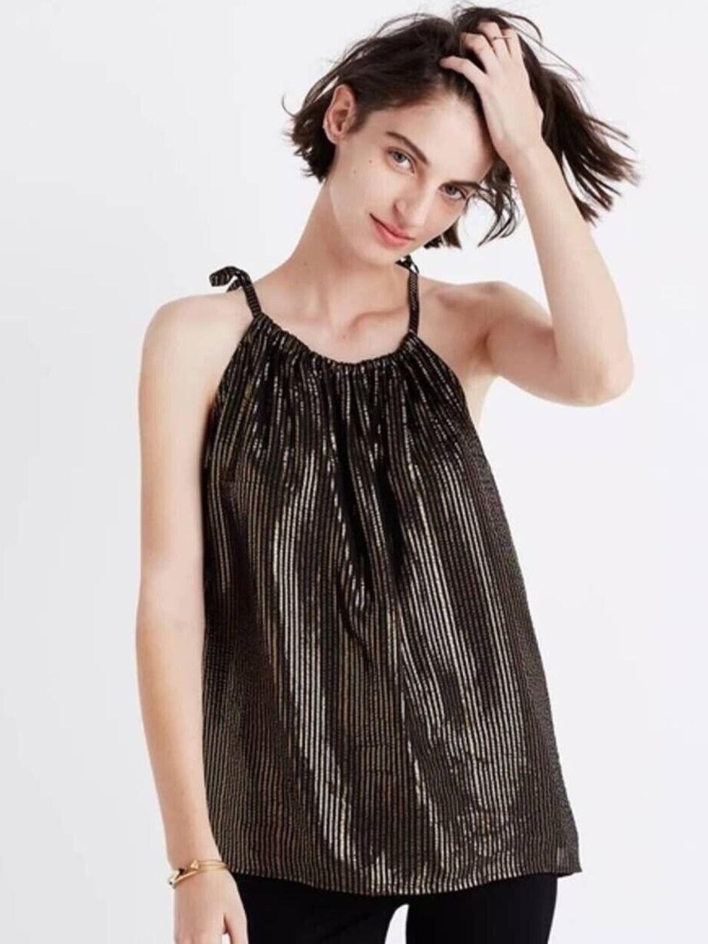 Madewell Black Tank with Gold Metallic Stripes